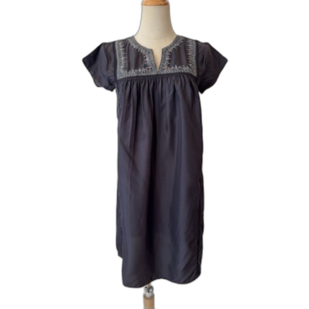 Calypso St Barth Silk Embroidered Shift Mini Dress Grey Cap Sleeve XS